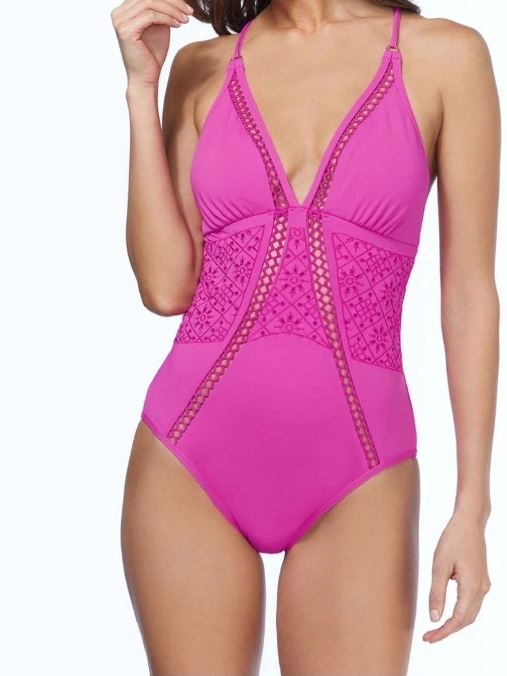 Ambrielle Hot Pink Crochet-Panel One-Piece Swimsuit